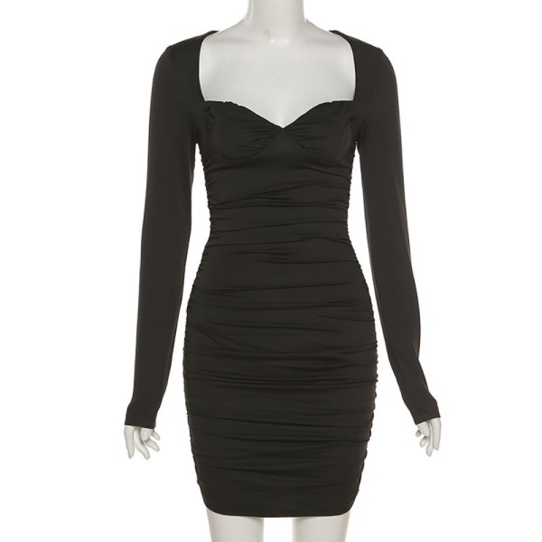 Women's sexy v-neck short skirt slim pencil skirt long sleeve pleated waist dress