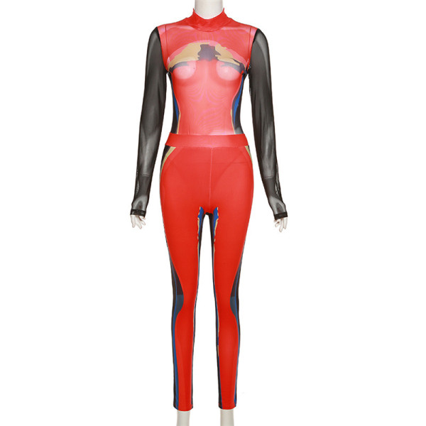 Printed slim long sleeve top high waist leggings suit