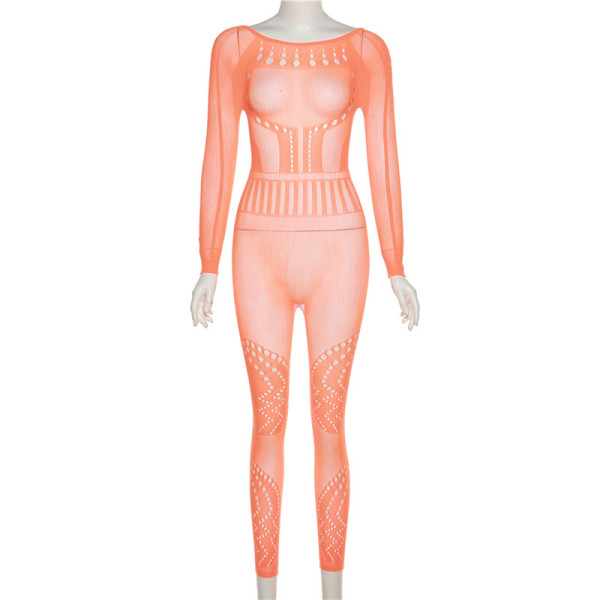 Long sleeve sexy mesh perspective hollow solid color high waist tight casual jumpsuit