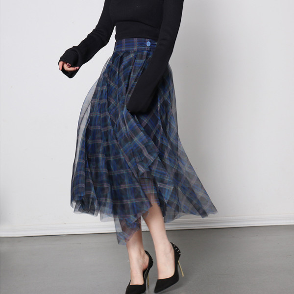 Fashionable High Waist Blue Plaid Mesh Skirt Multi layered Versatile A-line Skirt
