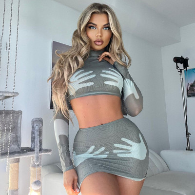 Autumn and winter gauze light palm printing half high collar long sleeve open navel blouse high waist miniskirt two-piece set