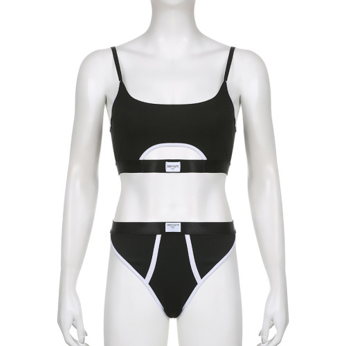 Contrast stitching letter cloth label personality split U-neck adjustable shoulder belt briefs bra two-piece set
