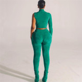 Women's one sleeve high collar plush slim sports casual suit