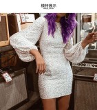 Women's trendy sequin dress sexy waist tight skinny long sleeve hip wrap skirt