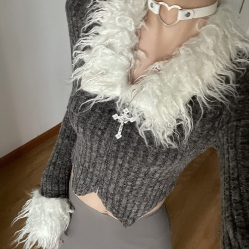 Fashionable fur stitching open navel zipper long sleeved T-shirt top