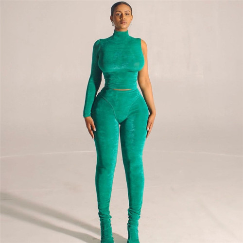 Women's one sleeve high collar plush slim sports casual suit