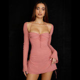 Long sleeved solid color with high waist square neck short skirt Wrapping chest style Commuter pink waist closing dress