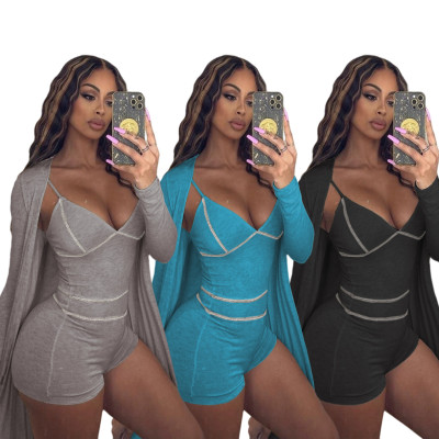 Women's lace up vest one-piece shorts+long sleeve coat cloak two-piece suit