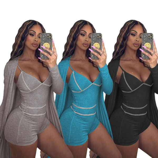 Women's lace up vest one-piece shorts+long sleeve coat cloak two-piece suit