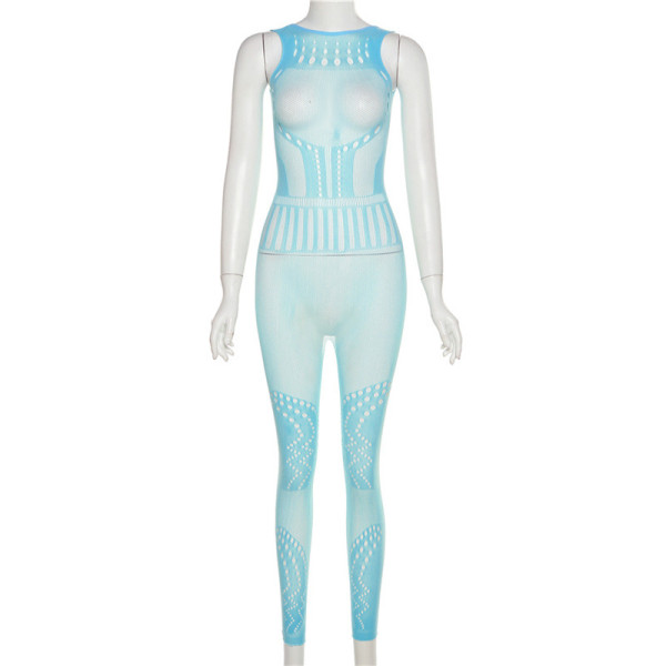 Short sleeve sexy perspective jacquard hollow solid color high waist tight casual jumpsuit