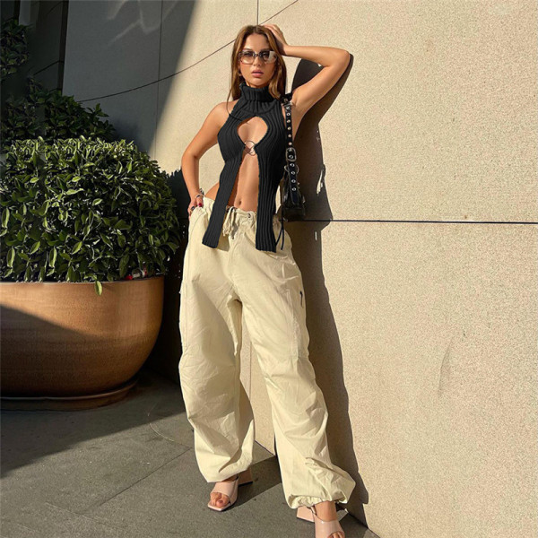 Knitted hollow sleeveless solid color slim casual top
