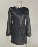 Women's trendy sequin dress sexy waist tight skinny long sleeve hip wrap skirt
