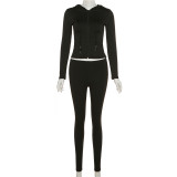 Hooded Slim Slim Solid Top High Waist Tight Pants Set