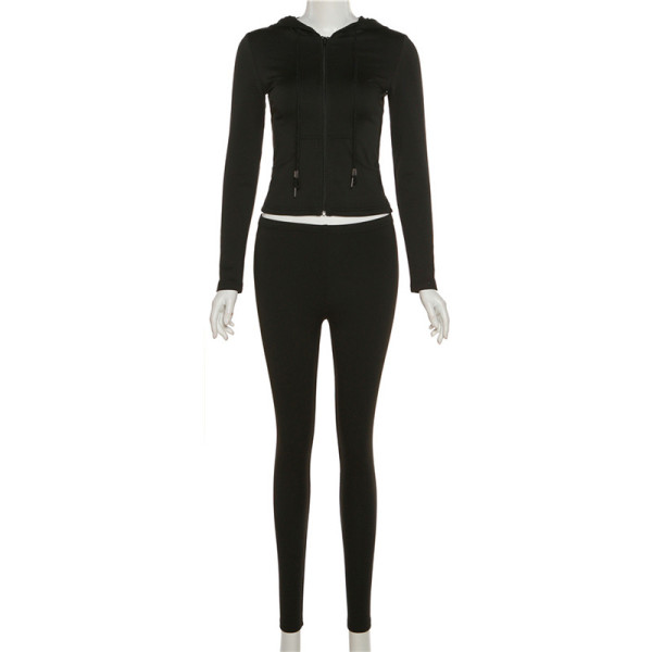 Hooded Slim Slim Solid Top High Waist Tight Pants Set