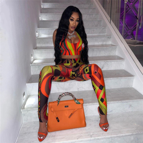 Women's new printed low cut sleeveless tight waistcoat high waist slim trousers suit