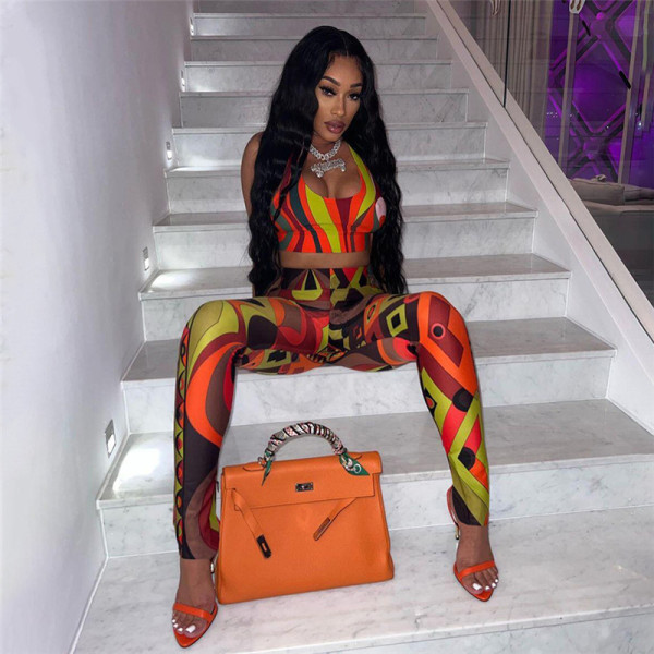 Women's new printed low cut sleeveless tight waistcoat high waist slim trousers suit