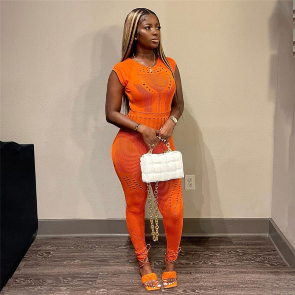 Short sleeve sexy perspective jacquard hollow solid color high waist tight casual jumpsuit