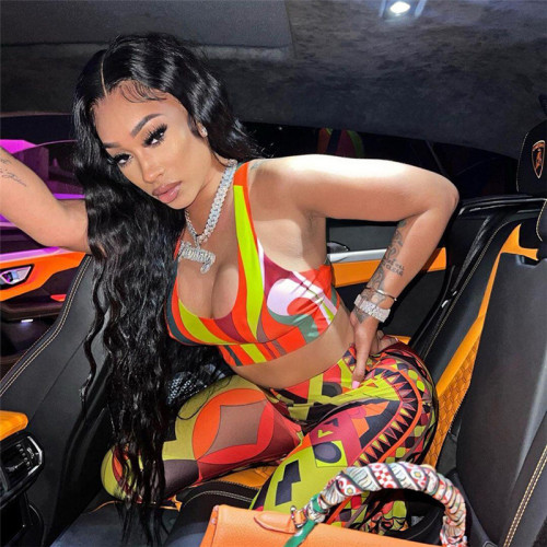 Women's new printed low cut sleeveless tight waistcoat high waist slim trousers suit