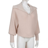 Casual Slouchy Lapel Loose Lantern Sleeve Short Sweater