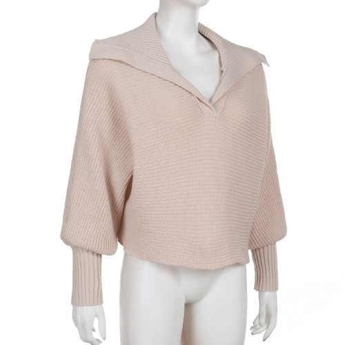 Casual Slouchy Lapel Loose Lantern Sleeve Short Sweater