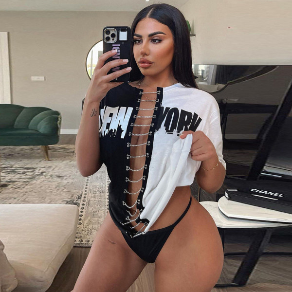 Women's sexy color contrast chain hollow short sleeve top