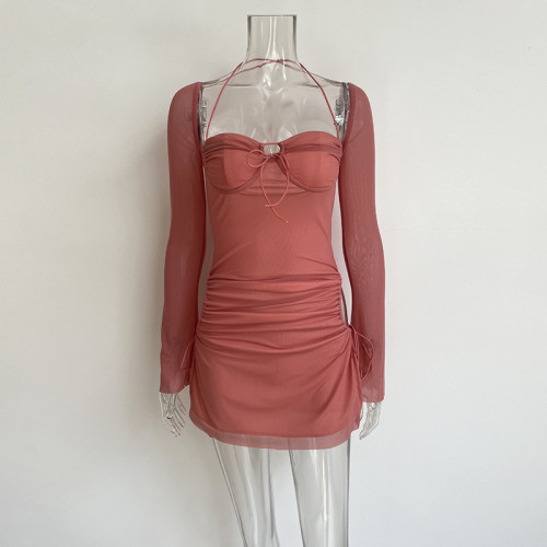 Long sleeved solid color with high waist square neck short skirt Wrapping chest style Commuter pink waist closing dress