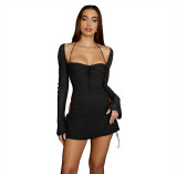 Long sleeved solid color with high waist square neck short skirt Wrapping chest style Commuter pink waist closing dress