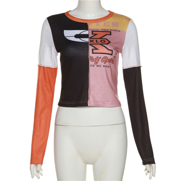 Fashion color contrast printed panel reverse design slim street top