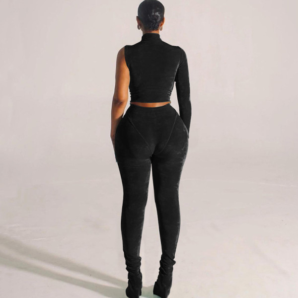 Women's one sleeve high collar plush slim sports casual suit