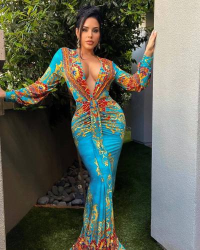 Women's positioning print V-neck bodice sexy slim dress long skirt