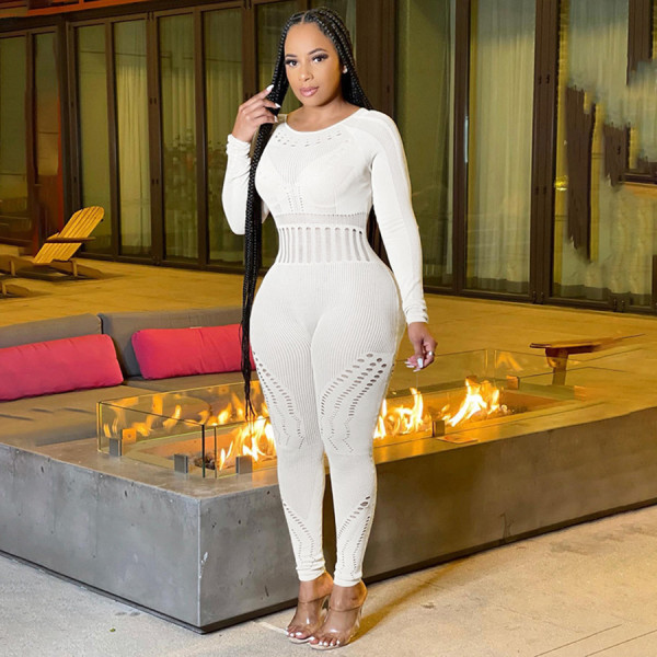 Long sleeve sexy mesh perspective hollow solid color high waist tight casual jumpsuit
