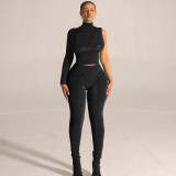 Women's one sleeve high collar plush slim sports casual suit