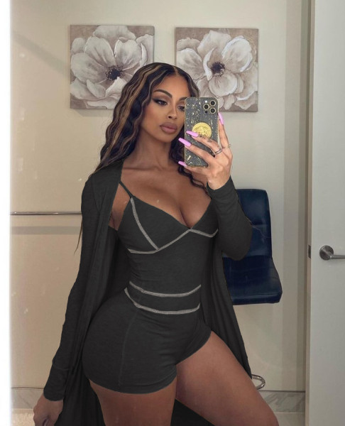 Women's lace up vest one-piece shorts+long sleeve coat cloak two-piece suit