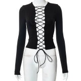 Solid hollow strap short T-shirt long sleeve top