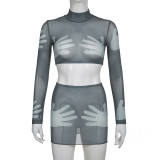 Autumn and winter gauze light palm printing half high collar long sleeve open navel blouse high waist miniskirt two-piece set