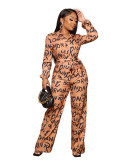 Single breasted lapel lettered banded waist jumpsuit