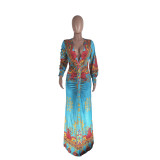 Women's positioning print V-neck bodice sexy slim dress long skirt