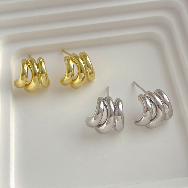 Small design 14K gold three-layer small C-ring earrings s925 silver needle irregular personality versatile earrings