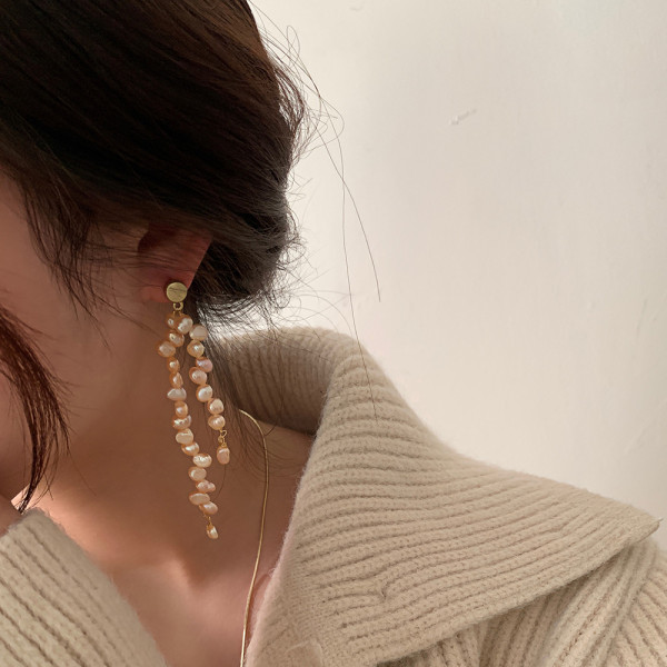 Fashion personality simple design freshwater pearl earrings tassels long asymmetric earrings female ear jewelry