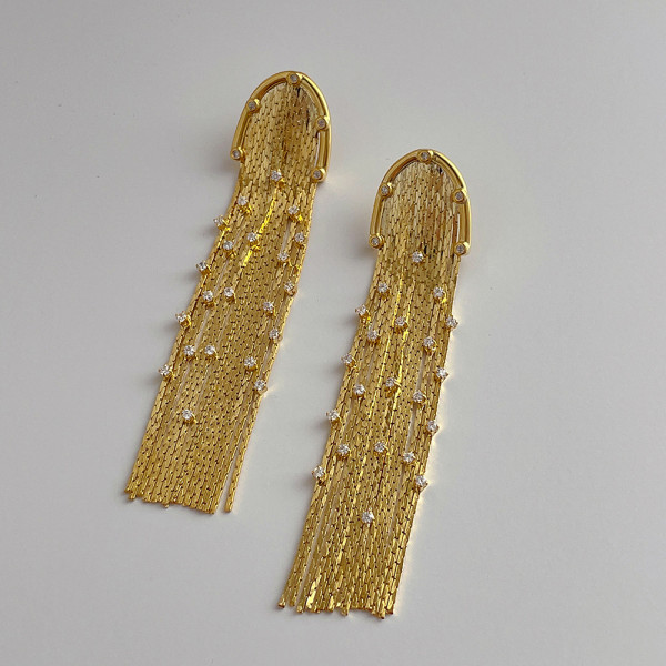 Exaggerated fashion 18K gold jewelry with diamond tassel metal earrings 925 silver needle personality earrings