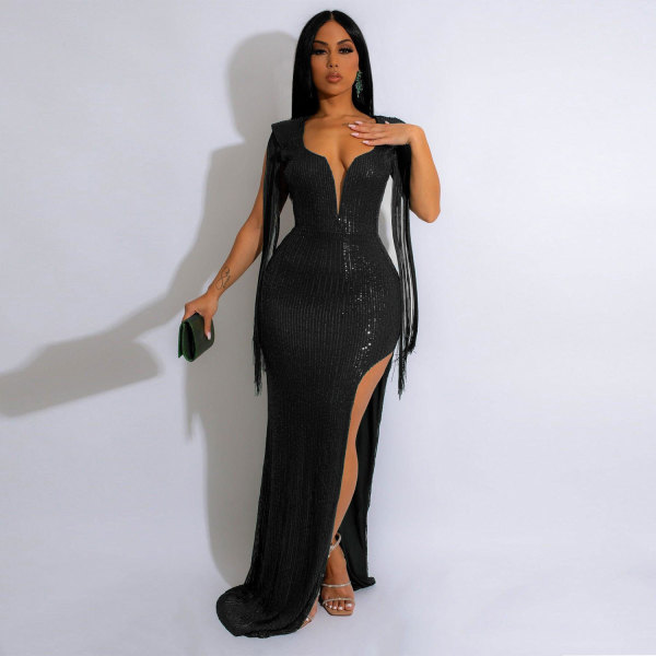 Sexy backless tassel sequin dress nightclub dress