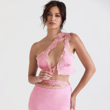 Sexy Lace Satin Splice Oblique One Shoulder Open Navel Cardigan European and American Spicy Girls Top