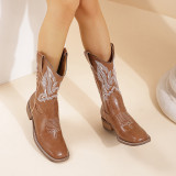 Thick Heel Western Cowboy Boots V-mouth Embroidery Sleeve Knight Boots Retro Medium Barrel Square Head Horse Boots