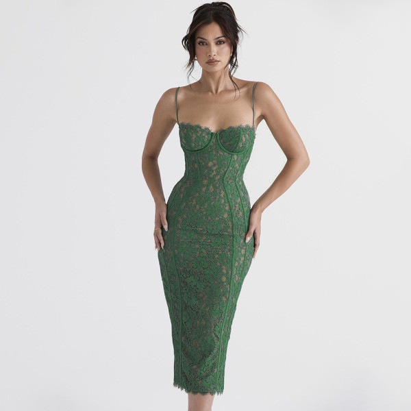 Fashionable women's lace suspender dress temperament split mid length skirt slim backless dress