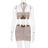 Women's sexy glitter pink chain neck revealing vest hip bag skirt party club style suit two-piece