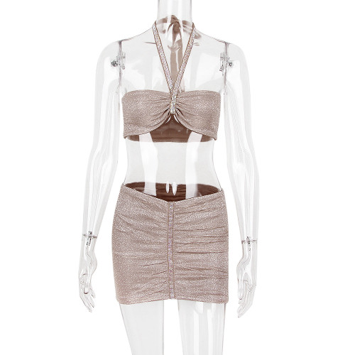 Women's sexy glitter pink chain neck revealing vest hip bag skirt party club style suit two-piece