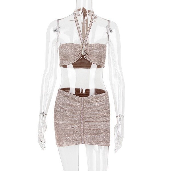 Women's sexy glitter pink chain neck revealing vest hip bag skirt party club style suit two-piece