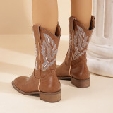 Thick Heel Western Cowboy Boots V-mouth Embroidery Sleeve Knight Boots Retro Medium Barrel Square Head Horse Boots
