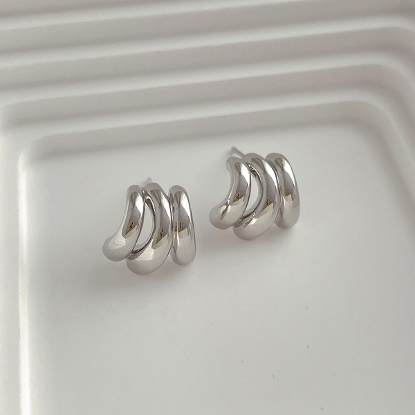 Small design 14K gold three-layer small C-ring earrings s925 silver needle irregular personality versatile earrings