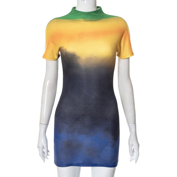 Round neck short sleeve personality gradual change printing bag hip dress
